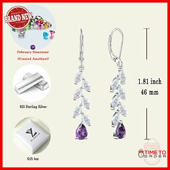 Sterling Silver Teardrop Leverback Earrings with Created Amethyst - Picture 7 of 8